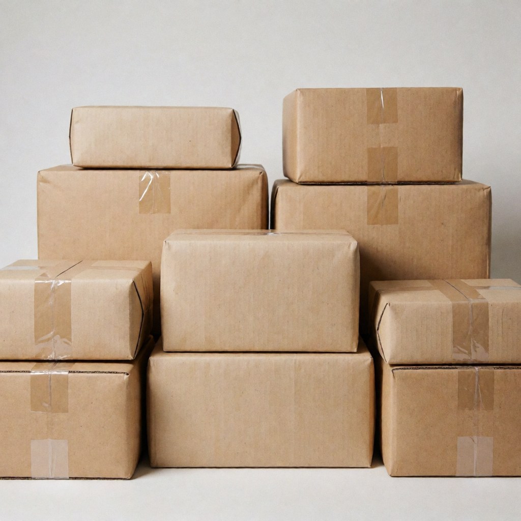 Plusieurs cartons fermés et étiquetés empilés sur une palette en entrepôt, prêts pour la logistique et l'expédition de commandes en ligne.