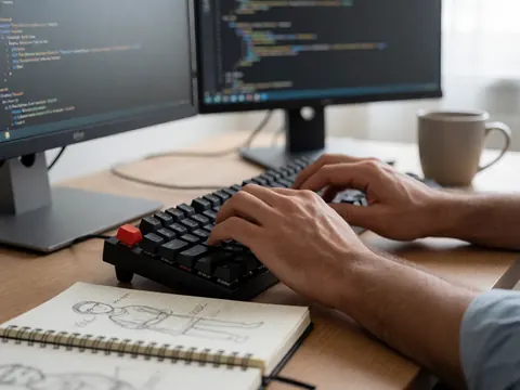 Mains d'un développeur écrivant du code sur un clavier noir, avec deux écrans, un carnet de croquis et une tasse de café sur un bureau en bois.
