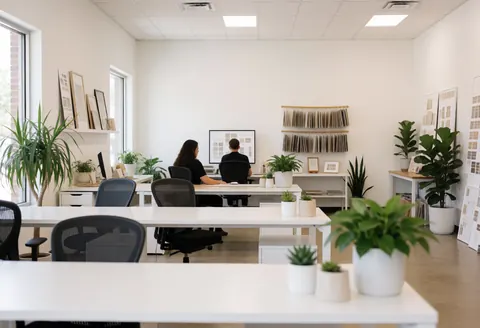 Bureau moderne avec tables blanches, plantes vertes et personnes utilisant des ordinateurs, ambiance professionnelle.