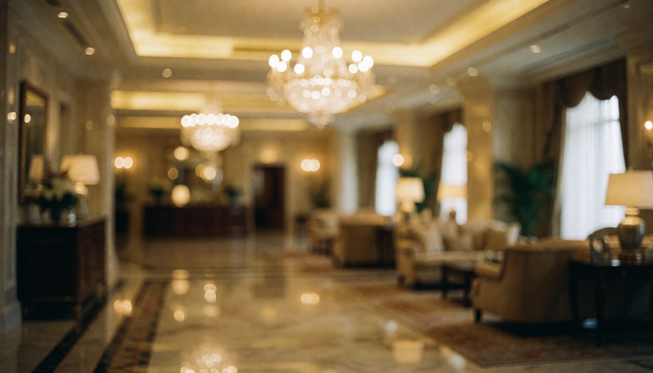 Hall d'hôtel élégant au sol en marbre, illuminé par des lustres et des lumières chaudes, meublé de canapés confortables pour un fond professionnel.