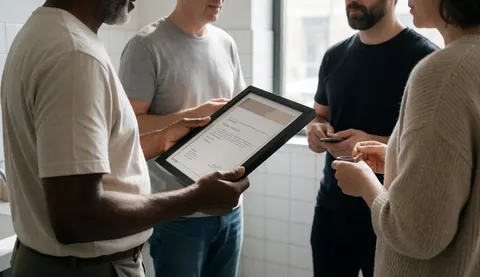 Un cadre professionnel présente un certificat de qualité ou de conformité lors d'une réunion d'équipe en bureau, symbolisant la fiabilité et le succès.