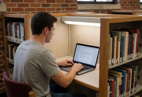Jeune étudiant assis à un bureau de bibliothèque, utilisant un ordinateur portable, entouré de livres, mur en briques, ambiance calme et concentrée pour l'étude.