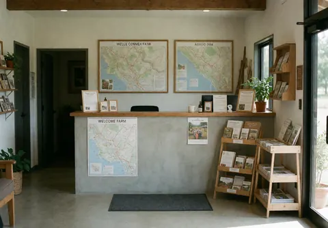 Espace d'accueil lumineux et épuré avec cartes murales, brochures sur table, plantes vertes et mobilier en bois, offrant une ambiance accueillante.