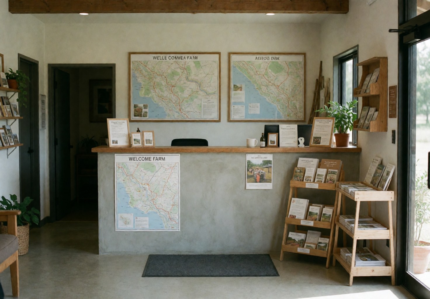 Espace d'accueil lumineux et épuré avec cartes murales, brochures sur table, plantes vertes et mobilier en bois, offrant une ambiance accueillante.