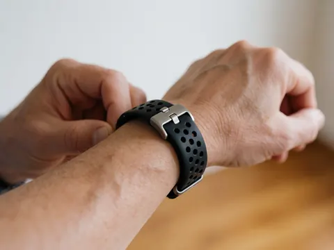 Gros plan sur la boucle d'une montre connectée avec bracelet noir perforé et métal brillant tenue dans une main sur fond bois clair.