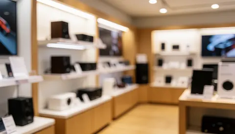Arrière-plan de boutique audio avec étagères et produits à flou doux, idéal pour textes et promotions.