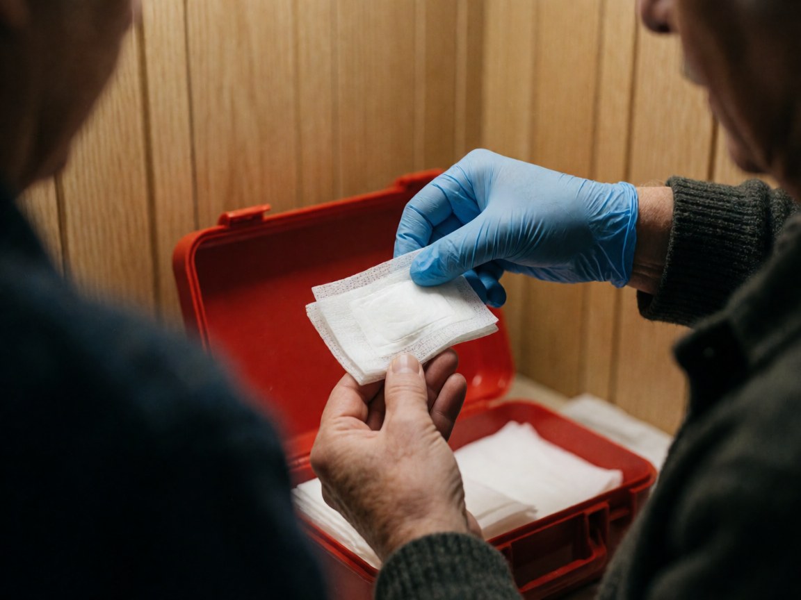 Une main portant un gant bleu extrait un bandage blanc plié d'une trousse de secours rouge sur fond en bois clair.
