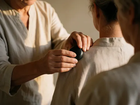 Un thérapeute place une pierre de basalte sur l'épaule d'un client dans un cadre relaxant avec des tons beige et noir.