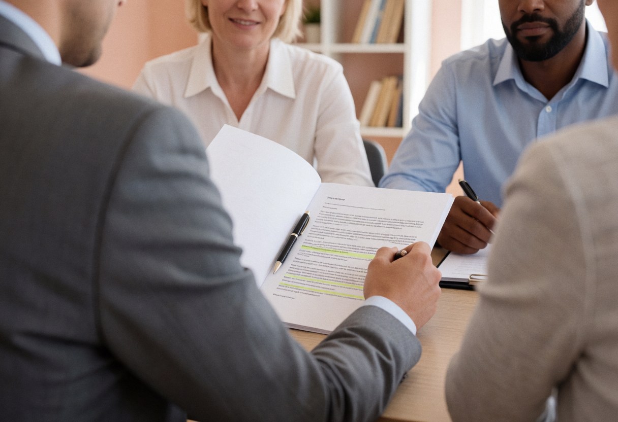 Mains tenant un document contractuel sur une table en bois, avec des étagères en arrière-plan baignées de lumière naturelle.