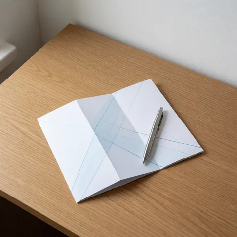 Brochure blanche aux lignes bleues et stylo argenté posés sur une table en bois clair éclairée par la lumière naturelle, idéale pour le secteur des assurances.