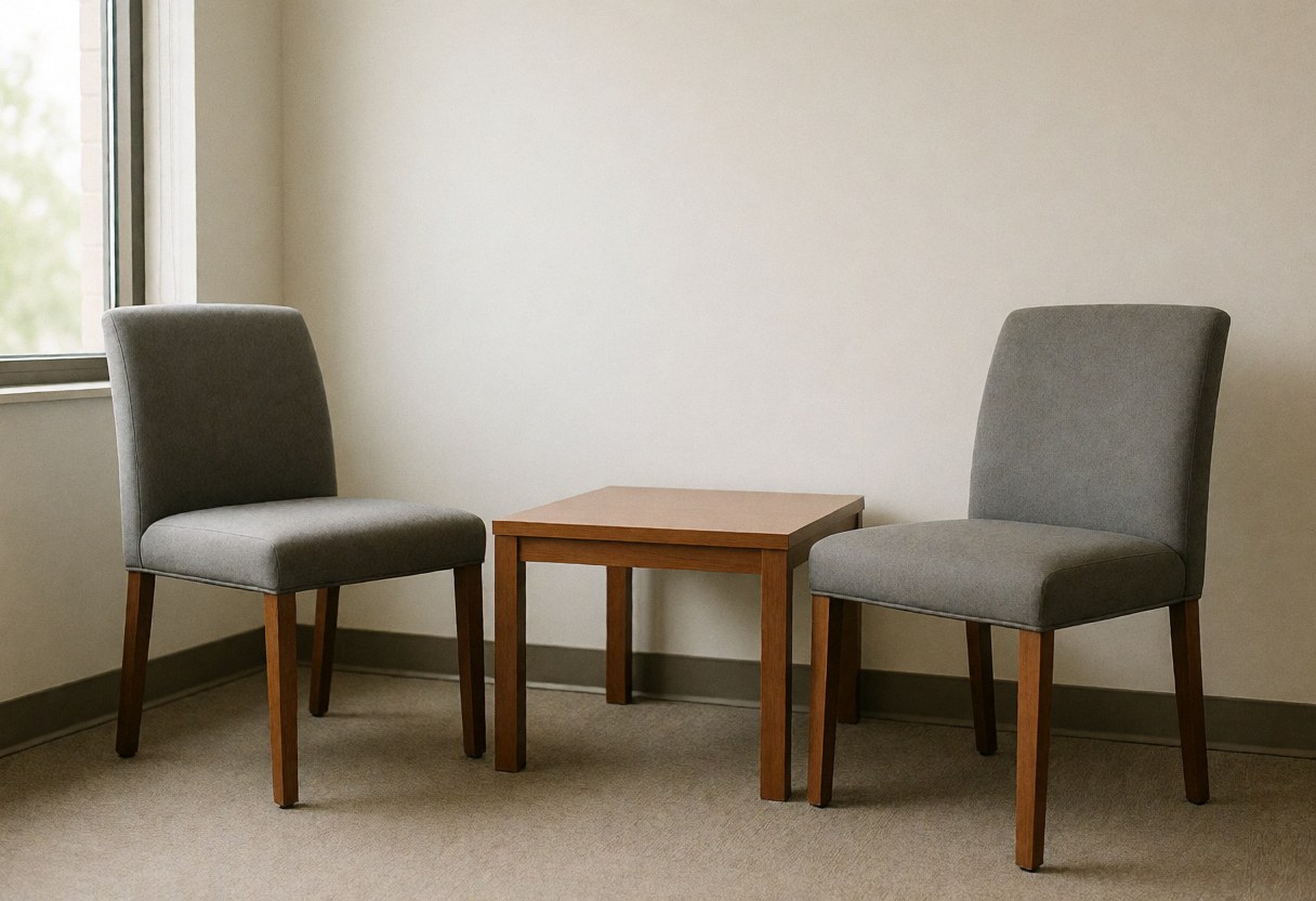 Vue d'une salle de réunion ou d'entretien vide, équipée d'une table en bois et de chaises grises, baignée de lumière naturelle provenant d'une fenêtre.