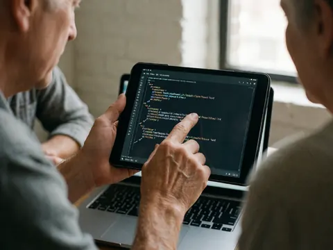Des mains adultes indiquent un extrait de code sur l'écran d'une tablette avec un clavier portable flou en arrière-plan dans un environnement technique.