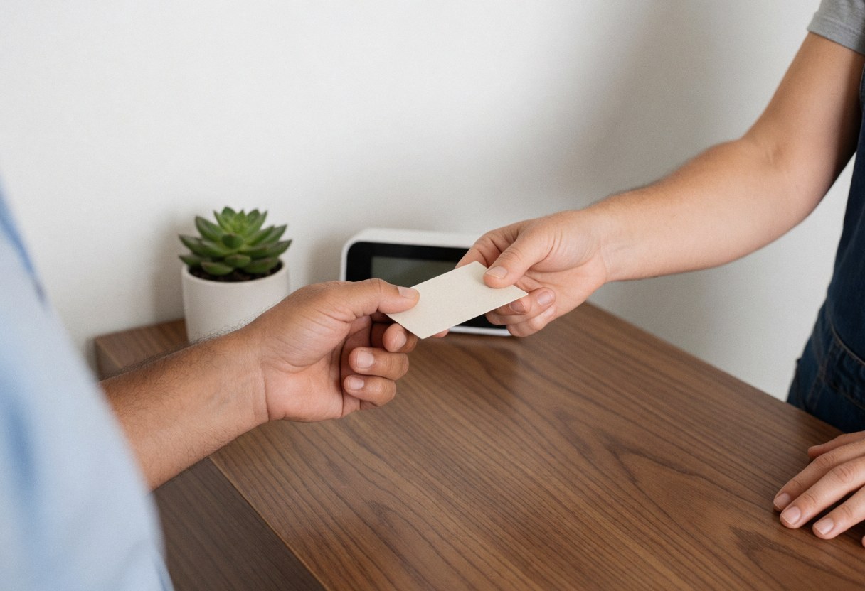 Deux personnes échangent des cartes de visite sur une table en bois avec plantes succulentes et horloge numérique en arrière-plan.