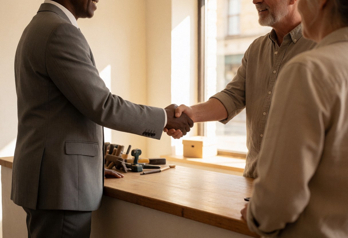 Un agent d'assurance serre la main d'un client dans un bureau lumineux avec des meubles en bois, évoquant un service professionnel et une ambiance de confiance.