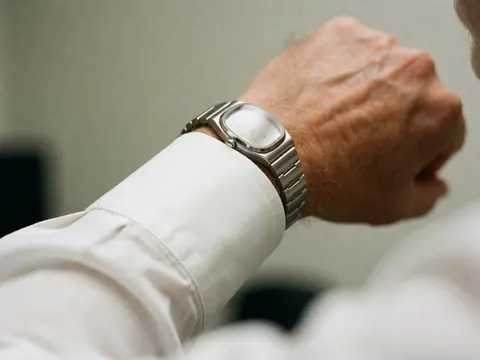 Gros plan d'une montre métallique portée au poignet, mettant en valeur le détail du cadran et la manche blanche sur un arrière-plan de bureau estompé.