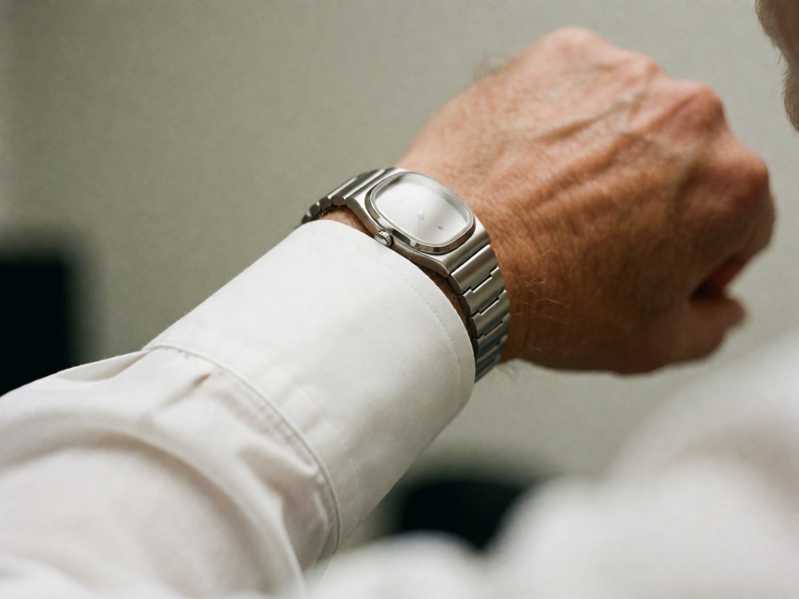 Gros plan d'une montre métallique portée au poignet, mettant en valeur le détail du cadran et la manche blanche sur un arrière-plan de bureau estompé.