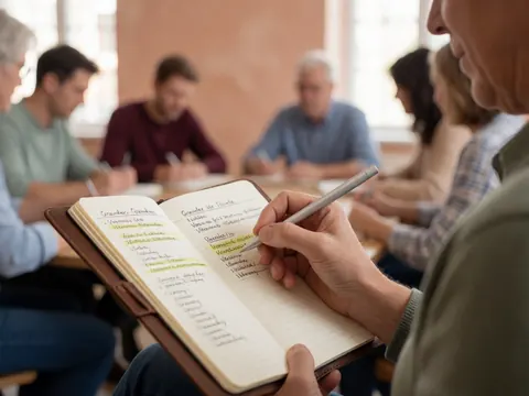 Vue rapprochée d'une personne prenant des notes manuscrites dans un cahier à couverture rigide en cuir, illustrant l'apprentissage et la concentration.