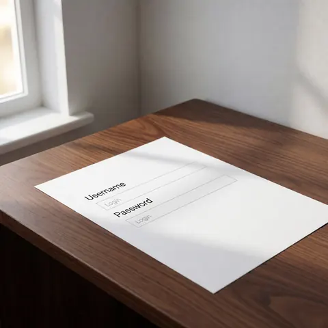 Écran affichant un formulaire d'identification avec champs utilisateur et mot de passe sur une table en bois sombre, éclairée par la lumière naturelle d'une fenêtre.