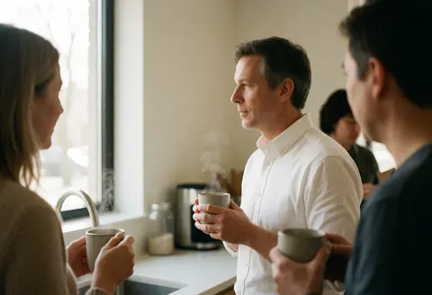 Trois professionnels discutent autour d'un café dans une cuisine moderne avec lumière naturelle et murs blancs, créant une ambiance détendue.