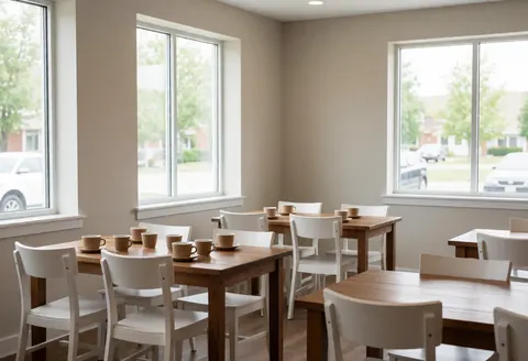 Vue de l'intérieur d'un café présentant des tables en bois et des chaises blanches, éclairé par la lumière naturelle entrant par les fenêtres, créant une ambiance propre et professionnelle.
