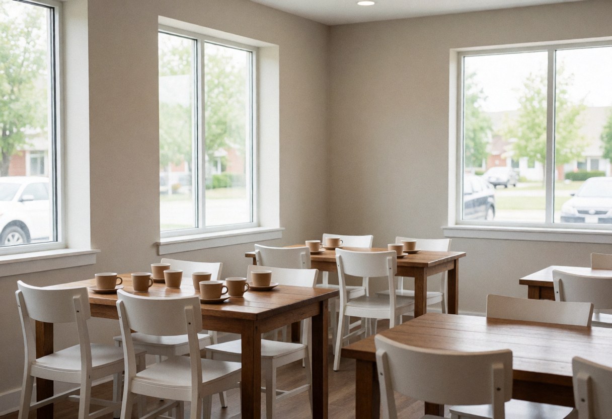 Vue de l'intérieur d'un café présentant des tables en bois et des chaises blanches, éclairé par la lumière naturelle entrant par les fenêtres, créant une ambiance propre et professionnelle.