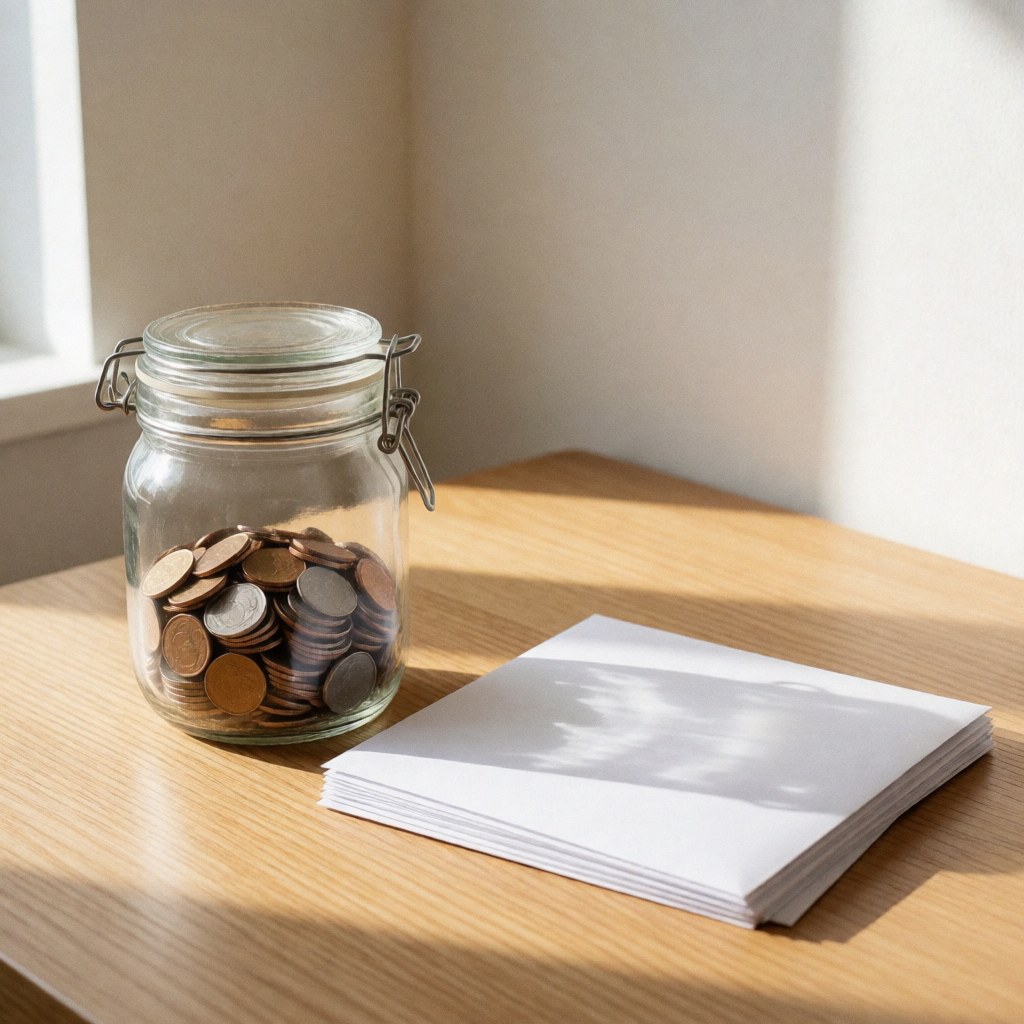 Une jarre en verre contenant des pièces de monnaie et une pile d'enveloppes blanches posée sur une table en bois éclairée par la lumière du soleil.