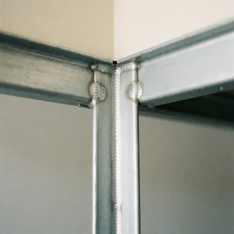Détail d'une jonction soudée sur une structure en acier galvanisé, montrant la précision et la robustesse de la fabrication industrielle.