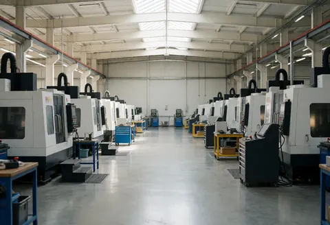 Vue intérieure d'un vaste espace industriel vide avec des machines CNC alignées sur un sol poli sous une lumière naturelle.