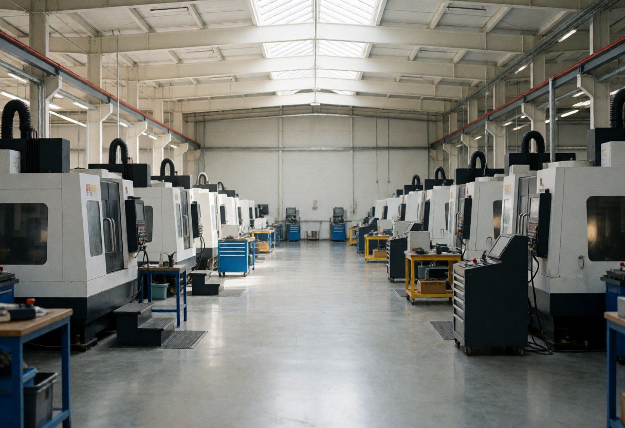 Vue intérieure d'un vaste espace industriel vide avec des machines CNC alignées sur un sol poli sous une lumière naturelle.