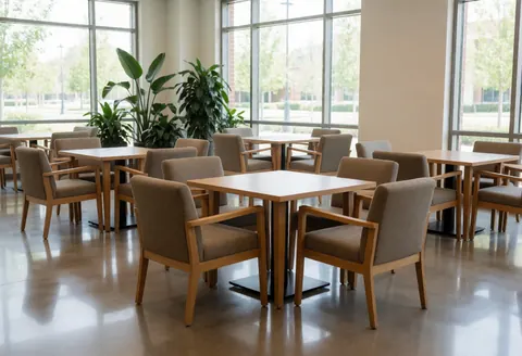 Espace intérieur vide d'un campus universitaire comportant des tables en bois, des chaises confortables, des plantes vertes et de grandes fenêtres laissant entrer la lumière naturelle.