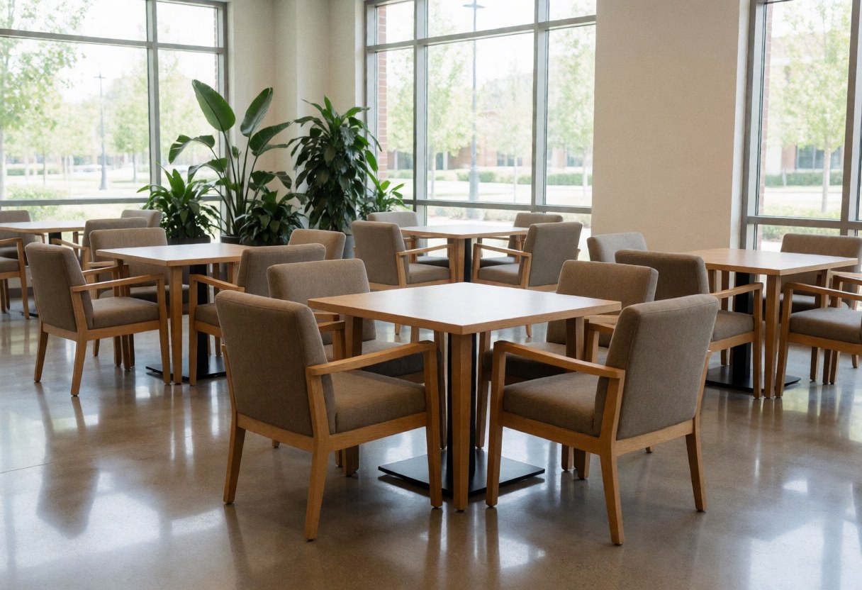 Espace intérieur vide d'un campus universitaire comportant des tables en bois, des chaises confortables, des plantes vertes et de grandes fenêtres laissant entrer la lumière naturelle.