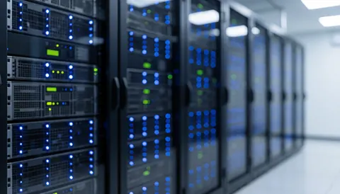 Vue d'ensemble d'un datacenter moderne montrant des racks de serveurs alignés avec des lumières LED bleues et rouges, créant un arrière-plan technologique professionnel pour du texte.