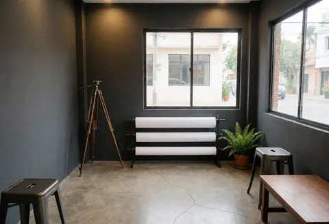 Studio photo vide avec murs gris, sol en béton, trépied, rouleaux de papier blanc, plante et table en bois.