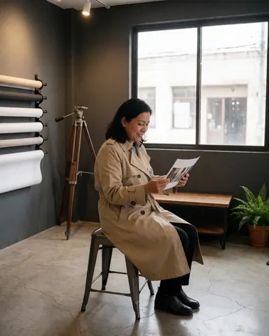 Une cliente satisfaite sourit pendant qu'elle examine les photos prises par un photographe professionnel dans un studio équipé d'un trépied et d'un fond blanc.