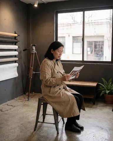 Une cliente satisfaite sourit pendant qu'elle examine les photos prises par un photographe professionnel dans un studio équipé d'un trépied et d'un fond blanc.