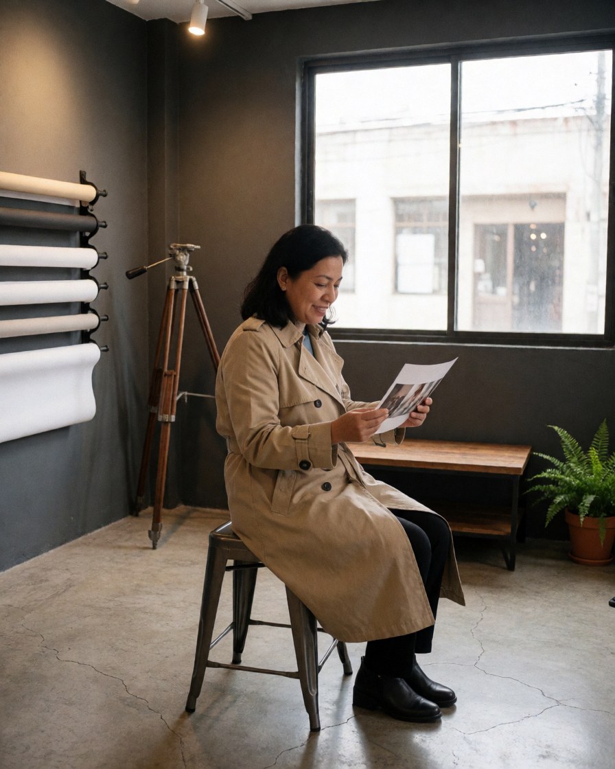 Une cliente satisfaite sourit pendant qu'elle examine les photos prises par un photographe professionnel dans un studio équipé d'un trépied et d'un fond blanc.