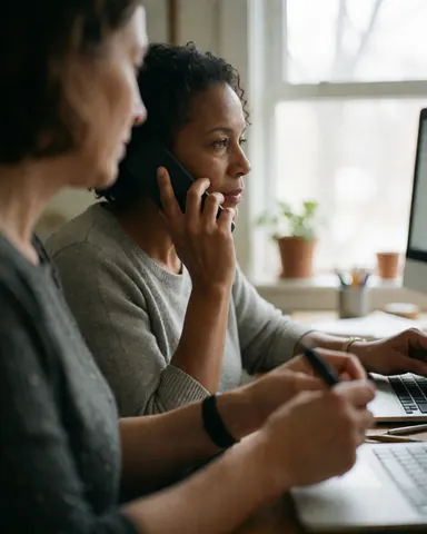 Deux femmes au bureau, l'une au téléphone et l'autre notant des informations sur un ordinateur, avec lumière naturelle par la fenêtre.