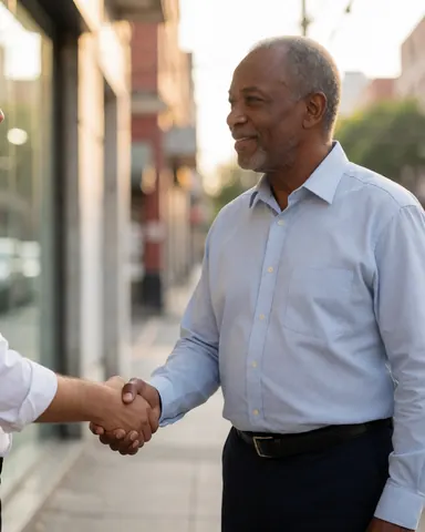 Un client souriant serre la main d'un formateur professionnel en extérieur lors d'une rencontre positive.