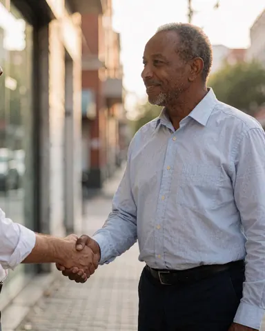 Un client souriant serre la main d'un formateur professionnel en extérieur lors d'une rencontre positive.