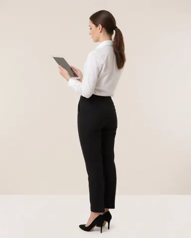 Une femme d'affaires debout dans un bureau épuré, vêtue d'une chemise blanche et de pantalons noirs, utilisant une tablette numérique.