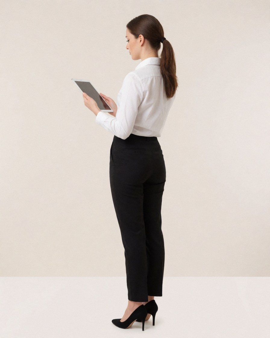 Une femme d'affaires debout dans un bureau épuré, vêtue d'une chemise blanche et de pantalons noirs, utilisant une tablette numérique.