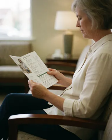 Une femme assise sur une chaise en bois lit attentivement un document dans une pièce calme et lumineuse, évoquant un service professionnel.