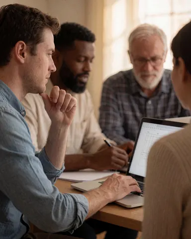 Une cliente examine des documents et des graphiques sur un ordinateur portable posé sur une table en bois dans un environnement lumineux.