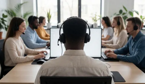 Collaborateurs du service client travaillant à leurs bureaux avec ordinateurs et casques dans un environnement professionnel lumineux.