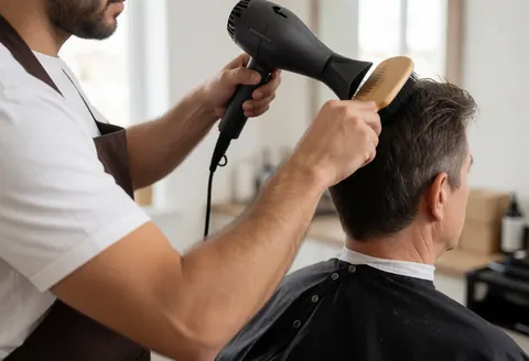Un barbier utilise un sèche-cheveux et une brosse pour coiffer un client assis dans un salon de barbier éclairé par la lumière naturelle.