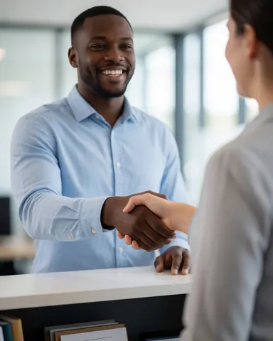 Une cliente satisfaite serre la main d'un employé lors d'une interaction positive au bureau.