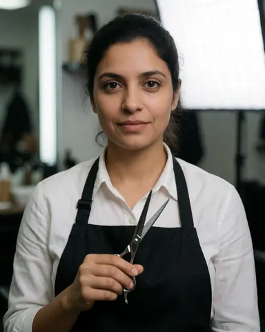 Coiffeuse professionnelle tenant des ciseaux dans un salon, regard assuré, fond d'étude avec lumière douce, idéal pour promouvoir des services de coiffure.
