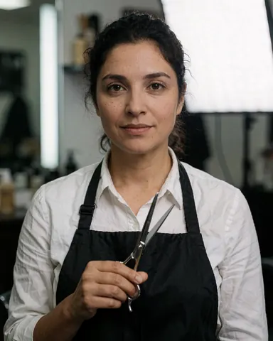 Coiffeuse professionnelle tenant des ciseaux dans un salon, regard assuré, fond d'étude avec lumière douce, idéal pour promouvoir des services de coiffure.