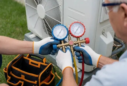 Un technicien portant gants et lunettes de sécurité branche des manomètres sur une unité extérieure de climatisation dans un jardin, près d'une sacoche ouverte.