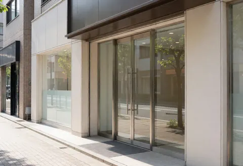 Façade contemporaine d'un magasin avec portes vitrées doubles, reflets d'arbres sur la rue et accès ouvert invitant les clients.